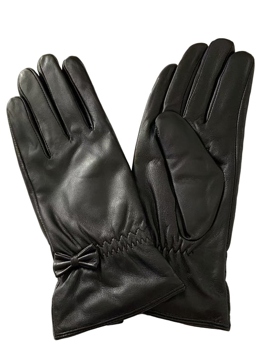 Svarta fårskinnshandskar med rosettdekoration för kvinnor