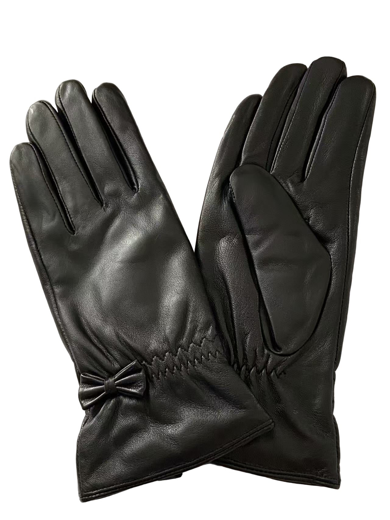 Svarta fårskinnshandskar med rosettdekoration för kvinnor