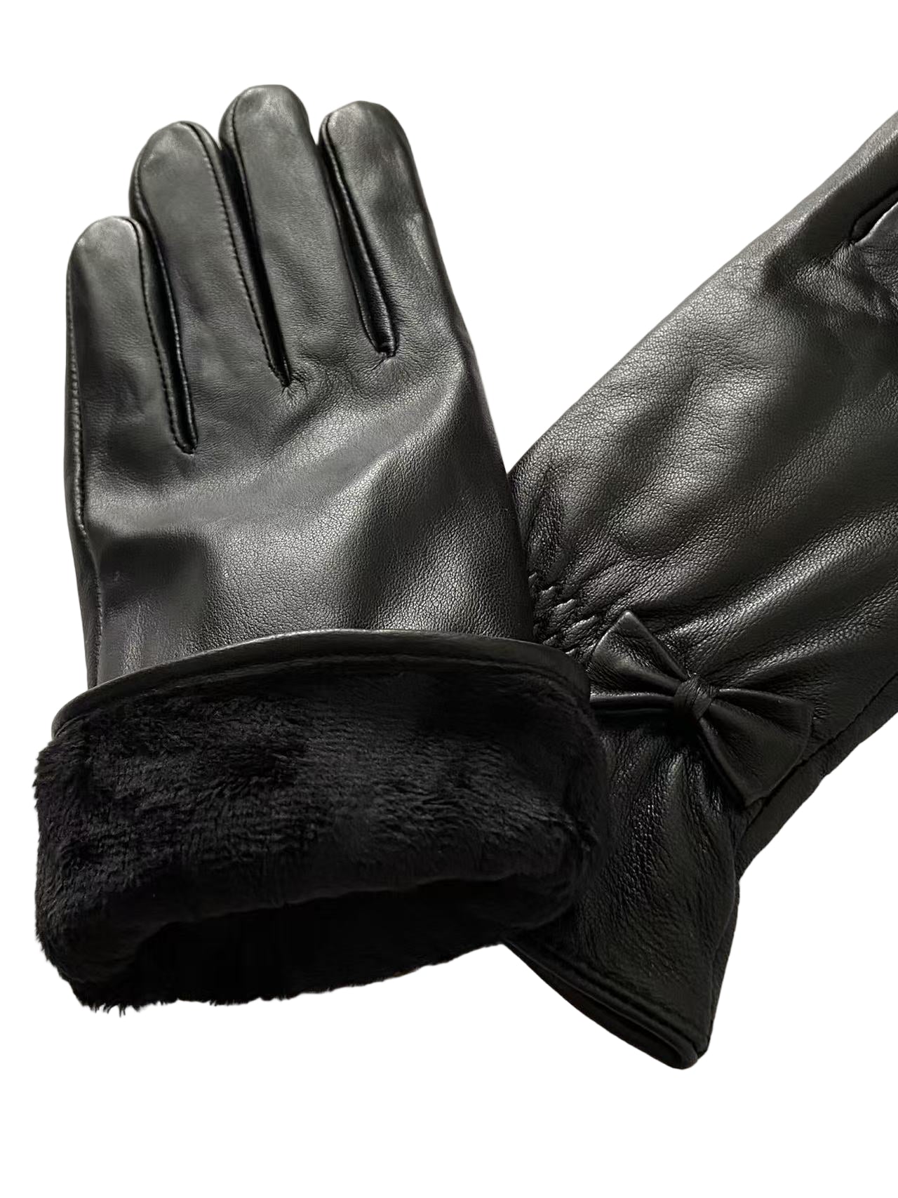 Svarta fårskinnshandskar med rosettdekoration för kvinnor