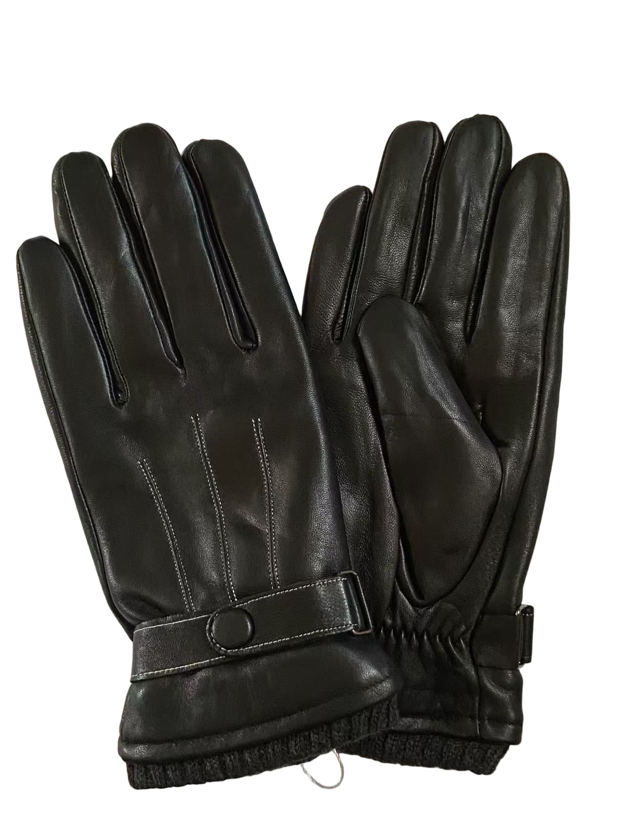 Svarta herrhandskar i fårskinn med stickade muddar och tre ränder.